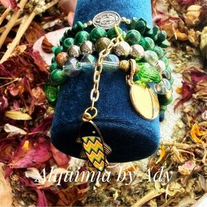 Golden metallic and natural malachite handmade unique statement boho bracelet